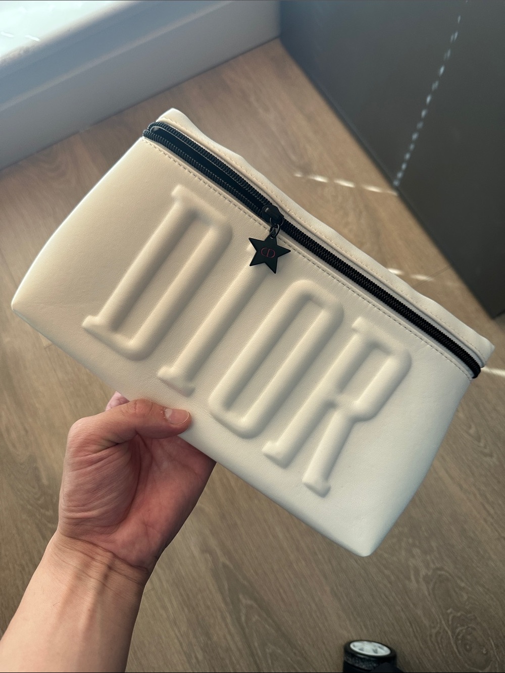 BRAND NEW! Dior White Embossed Logo Cosmetic Pouch with Black Zip
